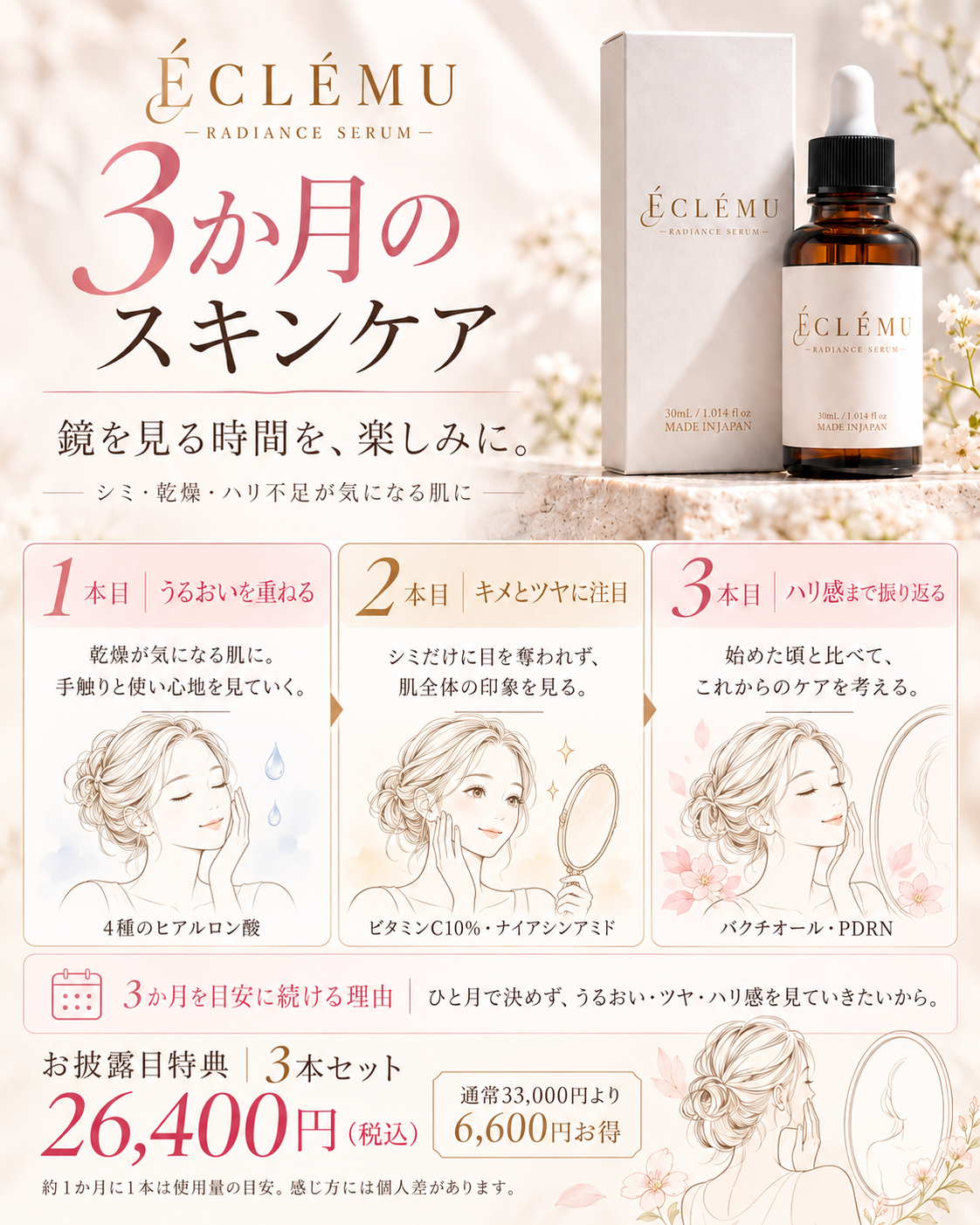 ÉCLÉMU Radiance Serum｜エクレミュ ラディアンスセラム
　

VC10％を主役に、大人の肌悩みを幅広く考えた美容液